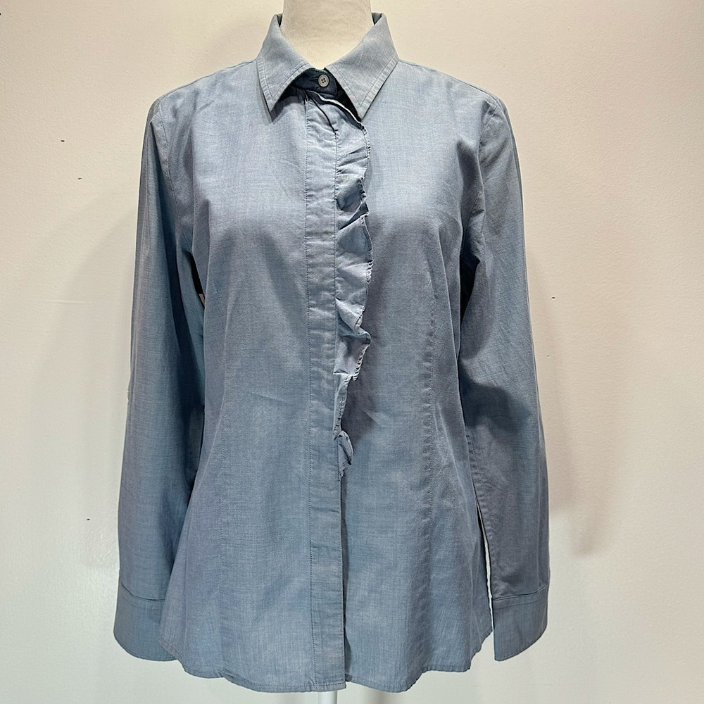 Talbots Blue Chambray Button Front Ruffle Tailored Collared Cotton Shirt Sz 10